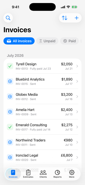 The invoice list in the app, showing paid and sent invoices for July with amounts and dates.